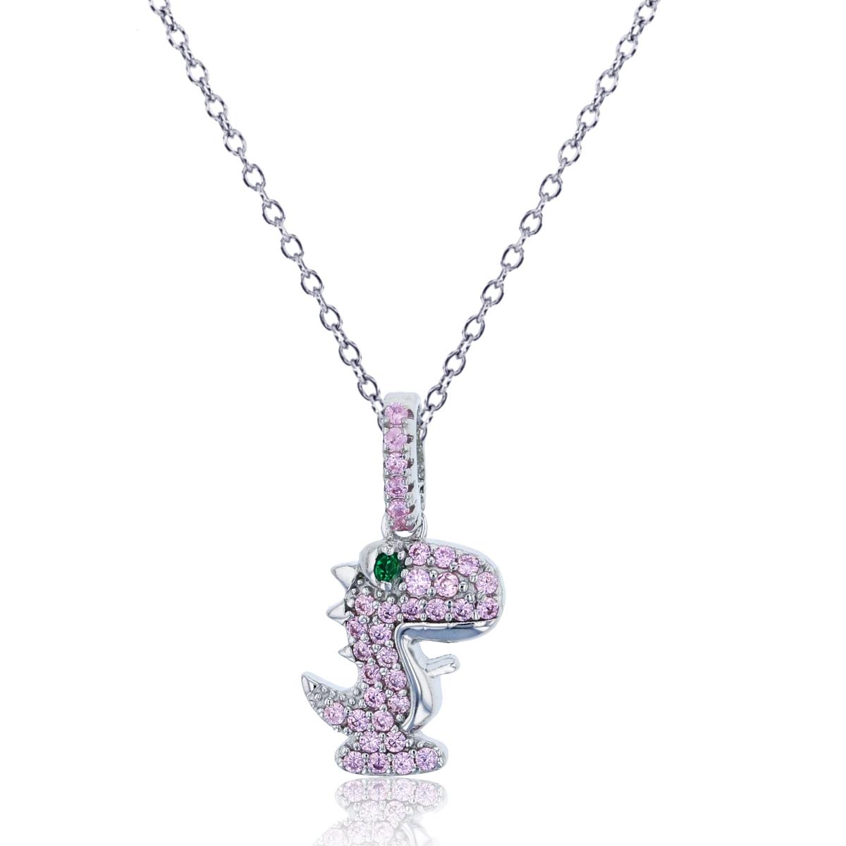 Sterling Silver Rhodium Pink & Emerald CZ Dinosaur 13"+2" Necklace