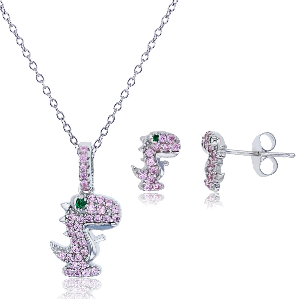 Sterling Silver Rhodium Pink & Emerald CZ Dinosaur 13"+2" Necklace & Earring Set