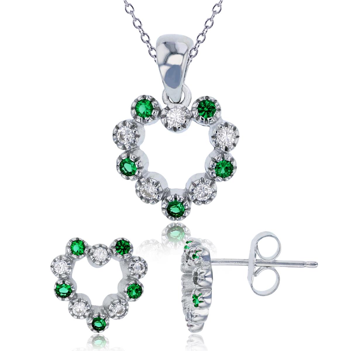 Sterling Silver Rhodium Alternating Green & White CZ Open Heart 18" Necklace & Earring Set