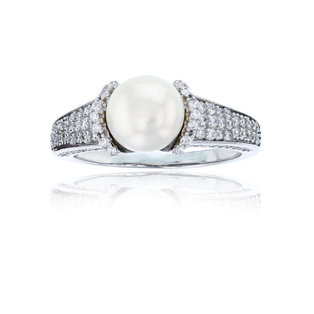 Sterling Silver Rhodium 8mm Freshwater Pearl Micropave CZ Sides Fashion Ring