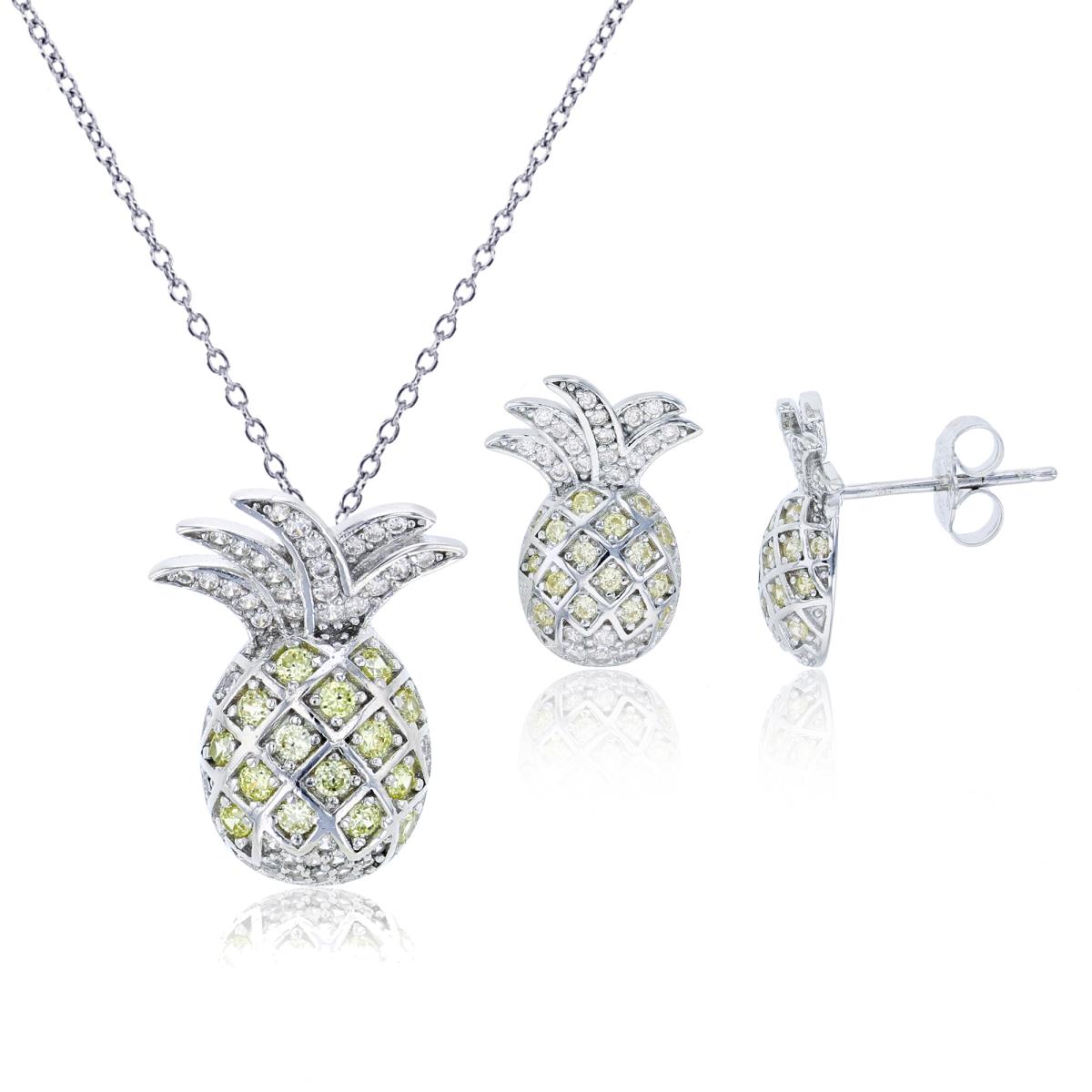 Sterling Silver Rhodium 21x15mm Yellow & White Rd CZ Pineapple 18" Necklace & Earring Set