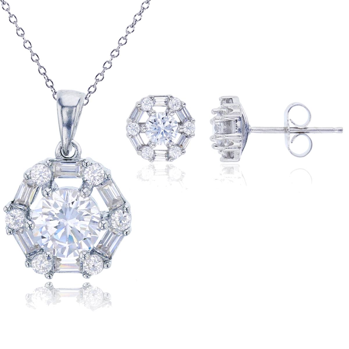 Sterling Silver Rhodium 6mm Round Cut & Baguette CZ Hexagon 18" Necklace & 4mm Earring Set 