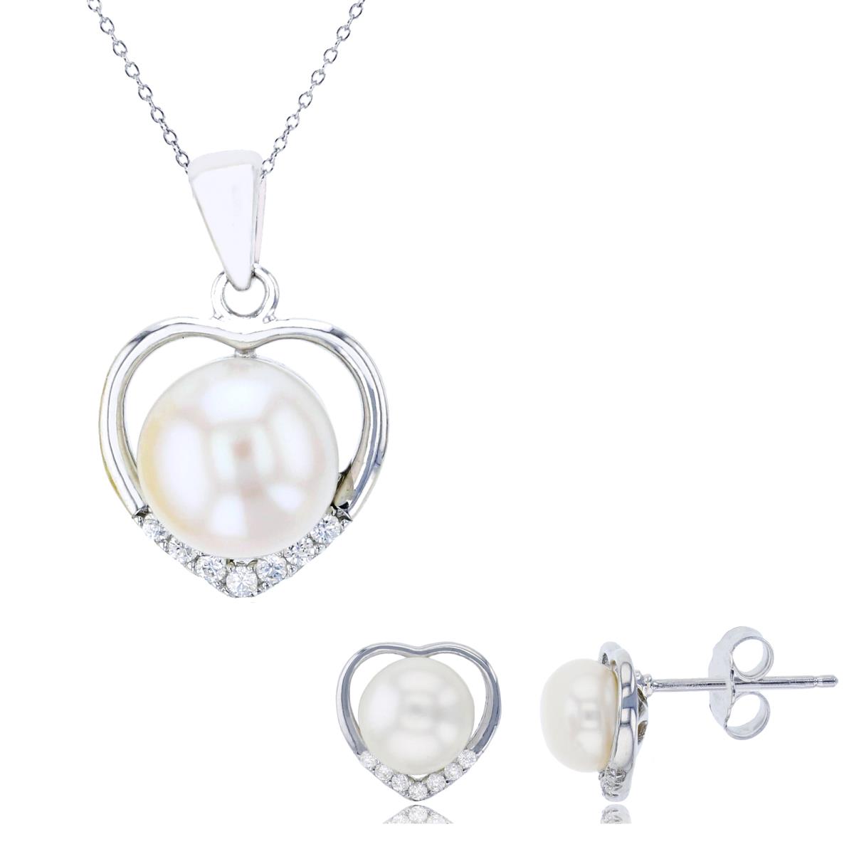 Sterling Silver Rhodium 9mm FWP & CZ Open Heart 18" Necklace & 7mm FWP Earring Set 