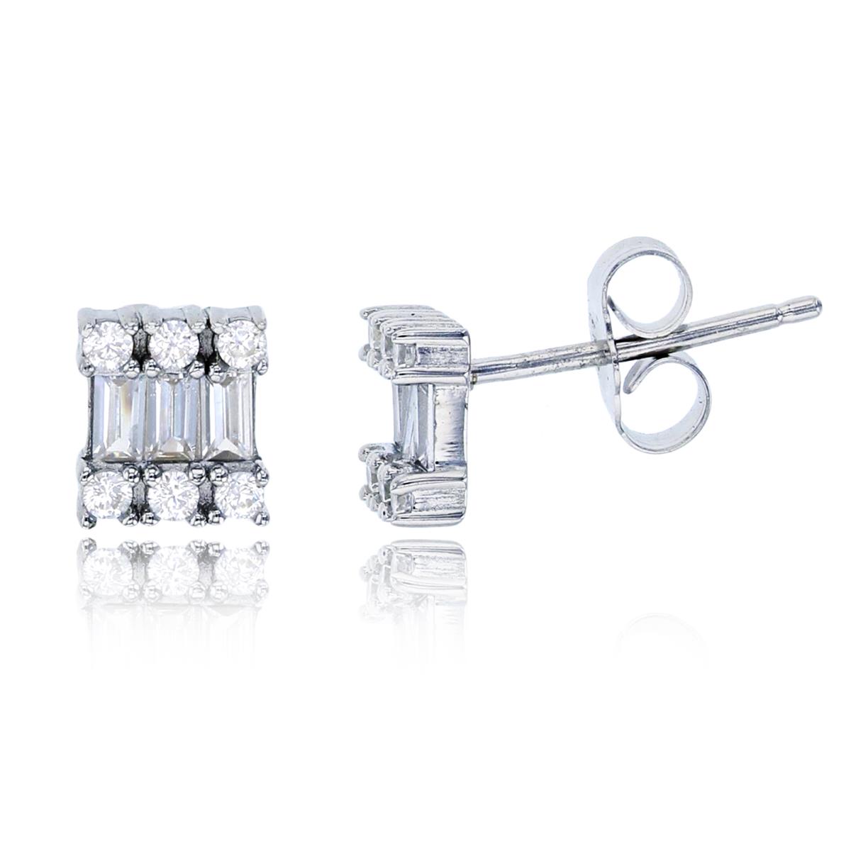 Sterling Silver Rhodium 6x6mm Micropave Rd Cut & Baguette CZ Square Stud Earring