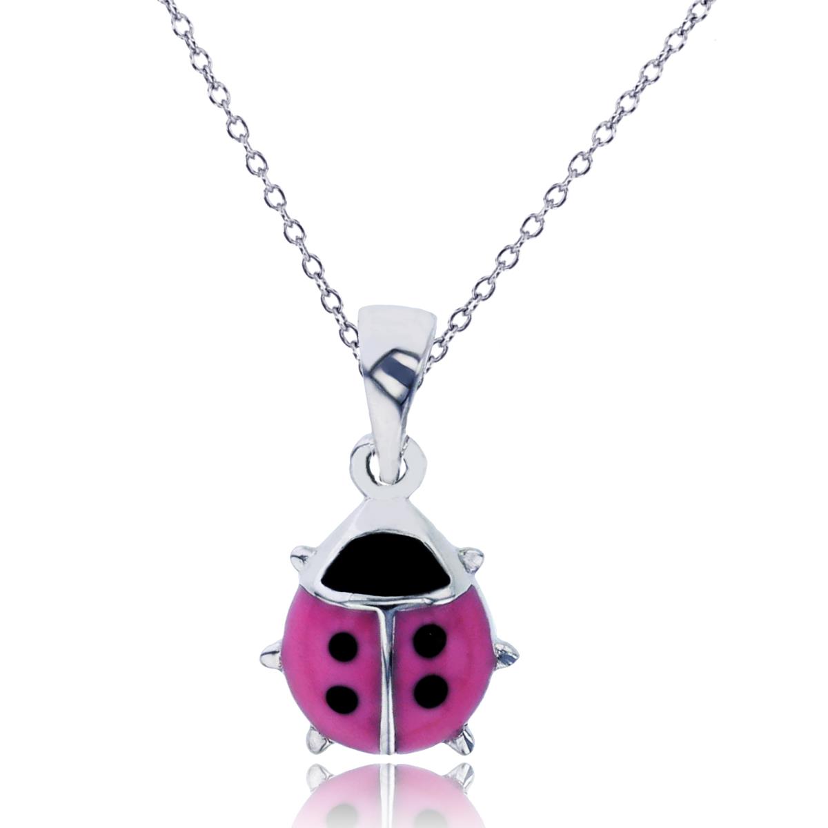 Sterling Silver Rhodium 14x8mm Pink & Black Enamel Ladybug 13"+2" Necklace