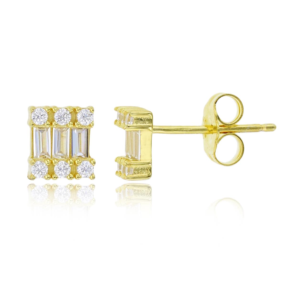 Sterling Silver Yellow 6x6mm Micropave Rd Cut & Baguette CZ Square Stud Earring