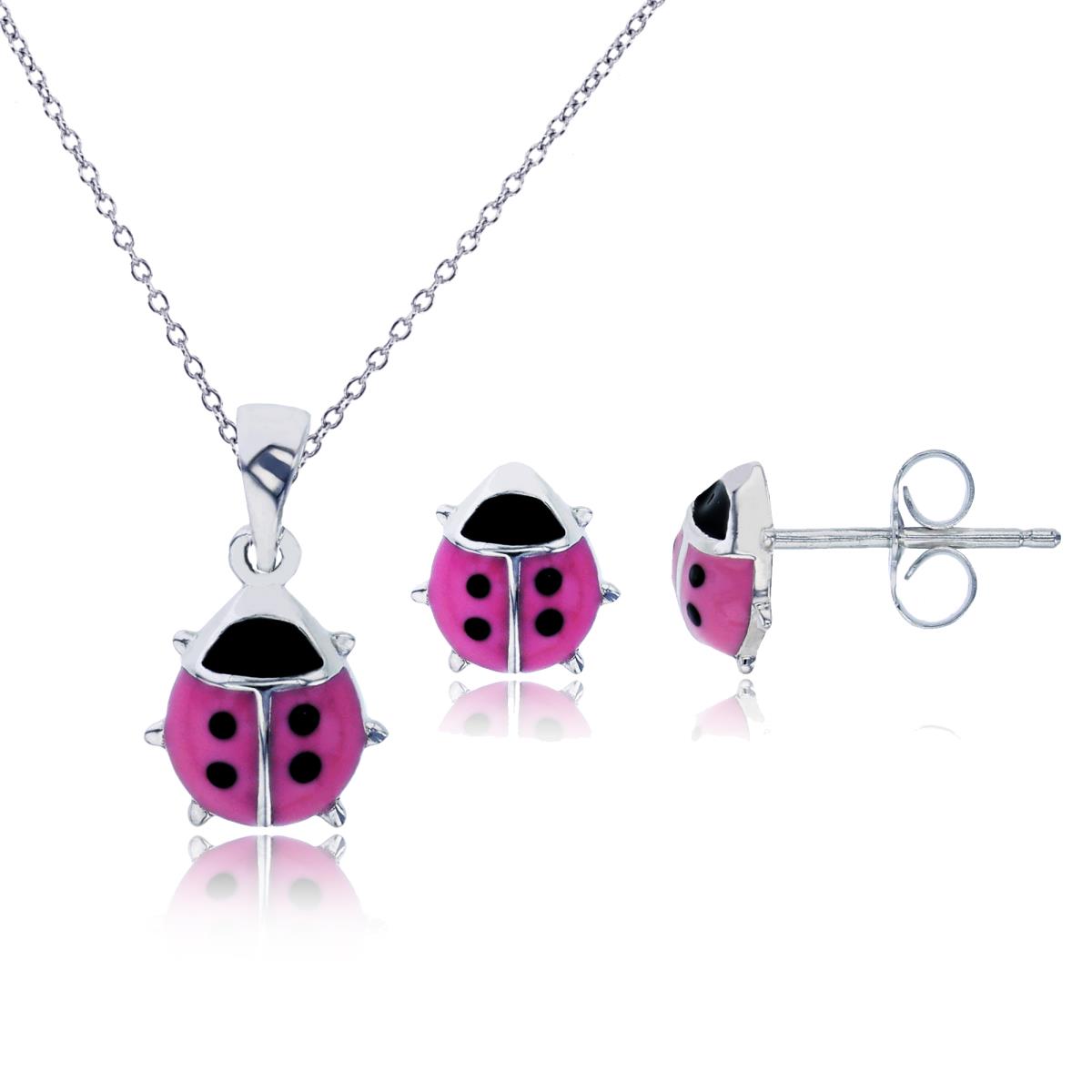 Sterling Silver Rhodium 14x8mm Pink & Black Enamel Ladybug 13"+2" Necklace & Earring Set