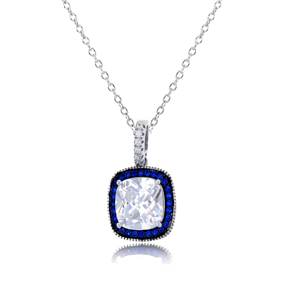 Sterling Silver Black & White 8mm White Cushion Cut CZ Sapphire Halo 18" Necklace
