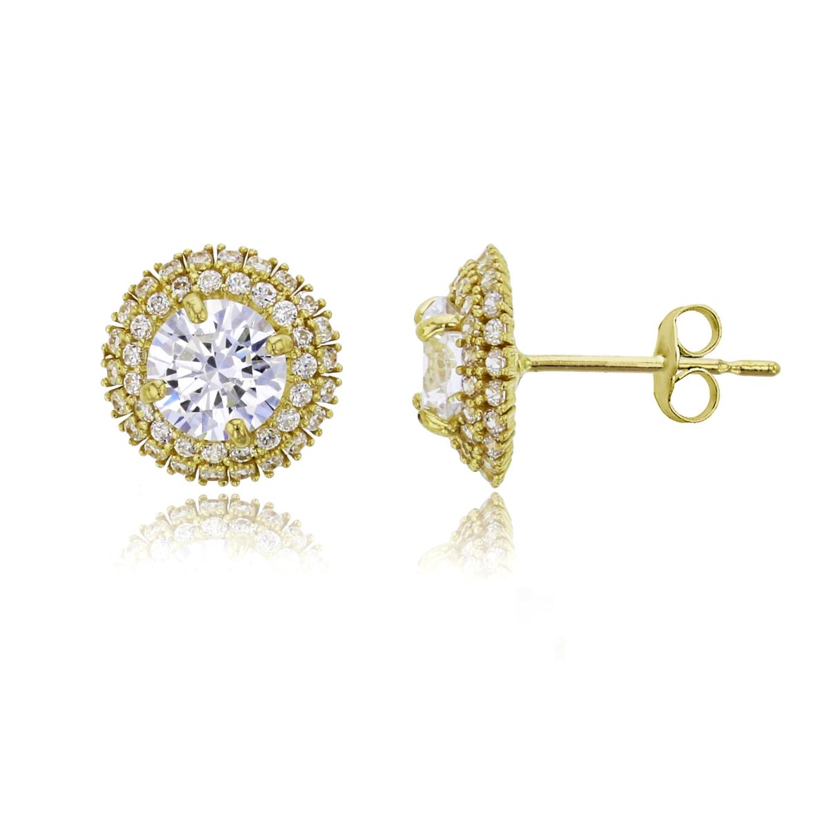 14K Yellow Gold 5.25mm Round Cut Double Halo Domed Stud Earring with 14K Clutch
