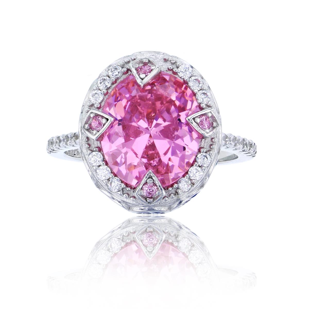 Sterling Silver Rhodium 12x10mm Pink Oval Cut & Pave Sapphire CZ Sides Fashion Ring