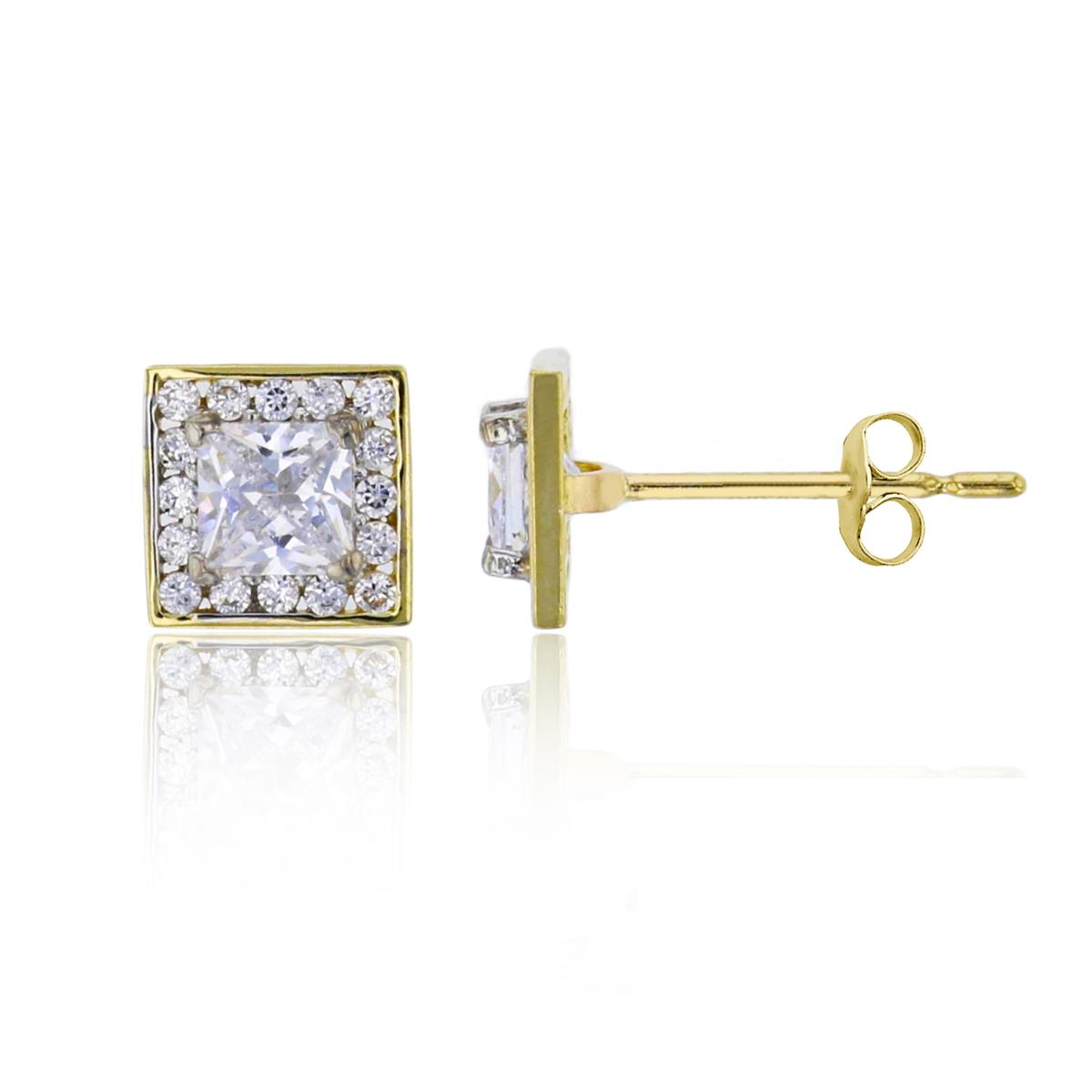 14K Two-Tone Gold 3.5mm Princess Cut Square Stud Earring with 14K Clutch
