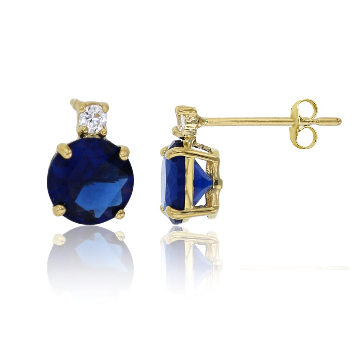 14K Yellow Gold 6mm Sapphire & 2mm White Round Cut CZ Stud Earring with 14K Clutch