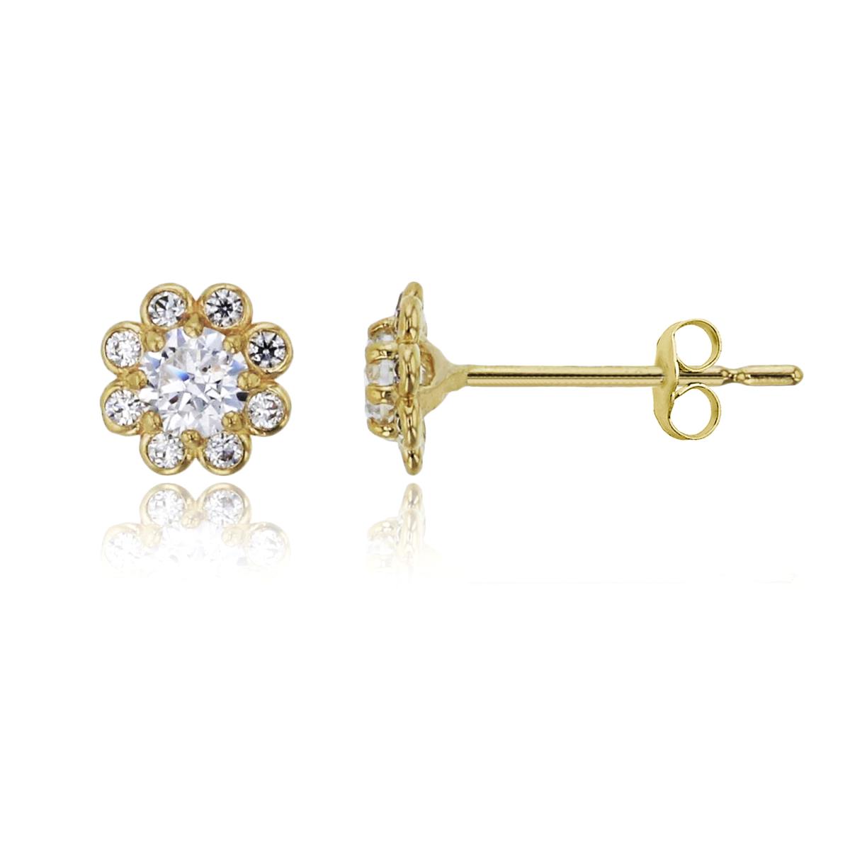 14K Yellow Gold 3mm Rd Cut Center CZ Flower Stud Earring with 14K Clutch