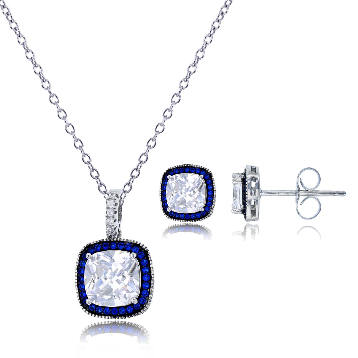 Sterling Silver Black & White 8mm White Cushion Cut CZ Sapphire Halo 18" Necklace & Earring Set