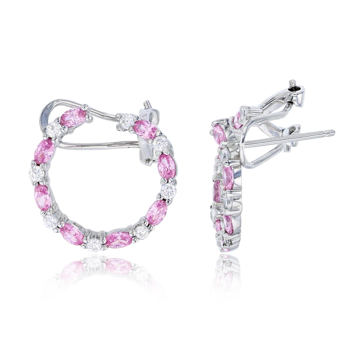 Sterling Silver Rhodium 17x16mm Alternating White Rd & Pink Oval Cut CZ Open Circle Omega Back Earring
