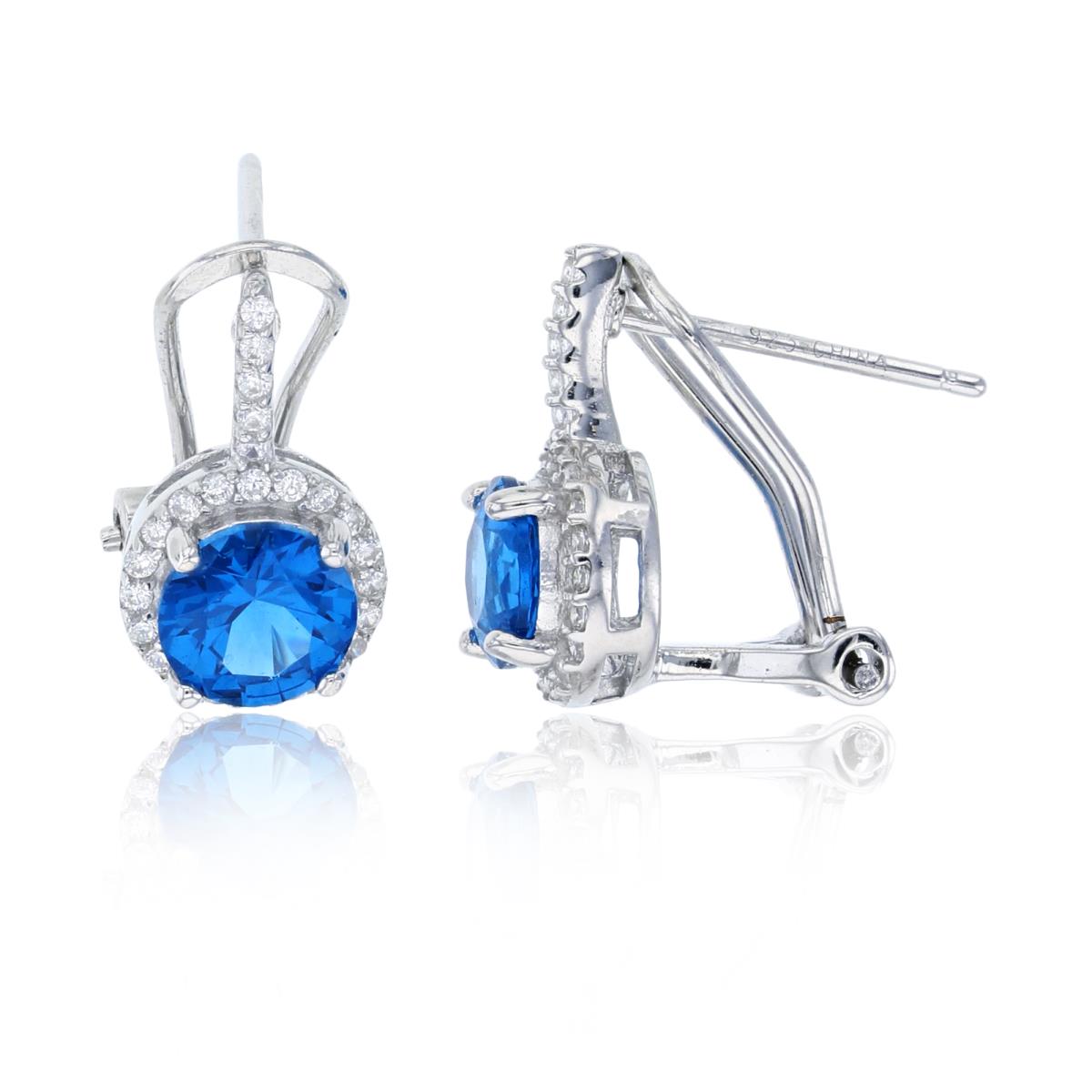Sterling Silver Rhodium 6mm Swiss Blue Rd Cut & White Stone Halo Omega Back Earring