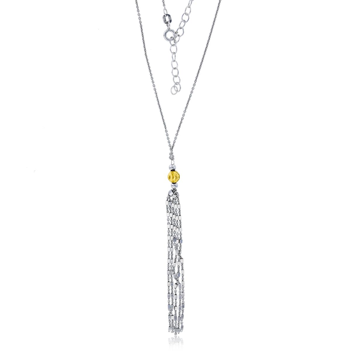 Sterling Silver Yellow & White Anti-Tarnish Polished & Diamond Cut Bead with Cube Chain Tassel 16"+2" Necklace