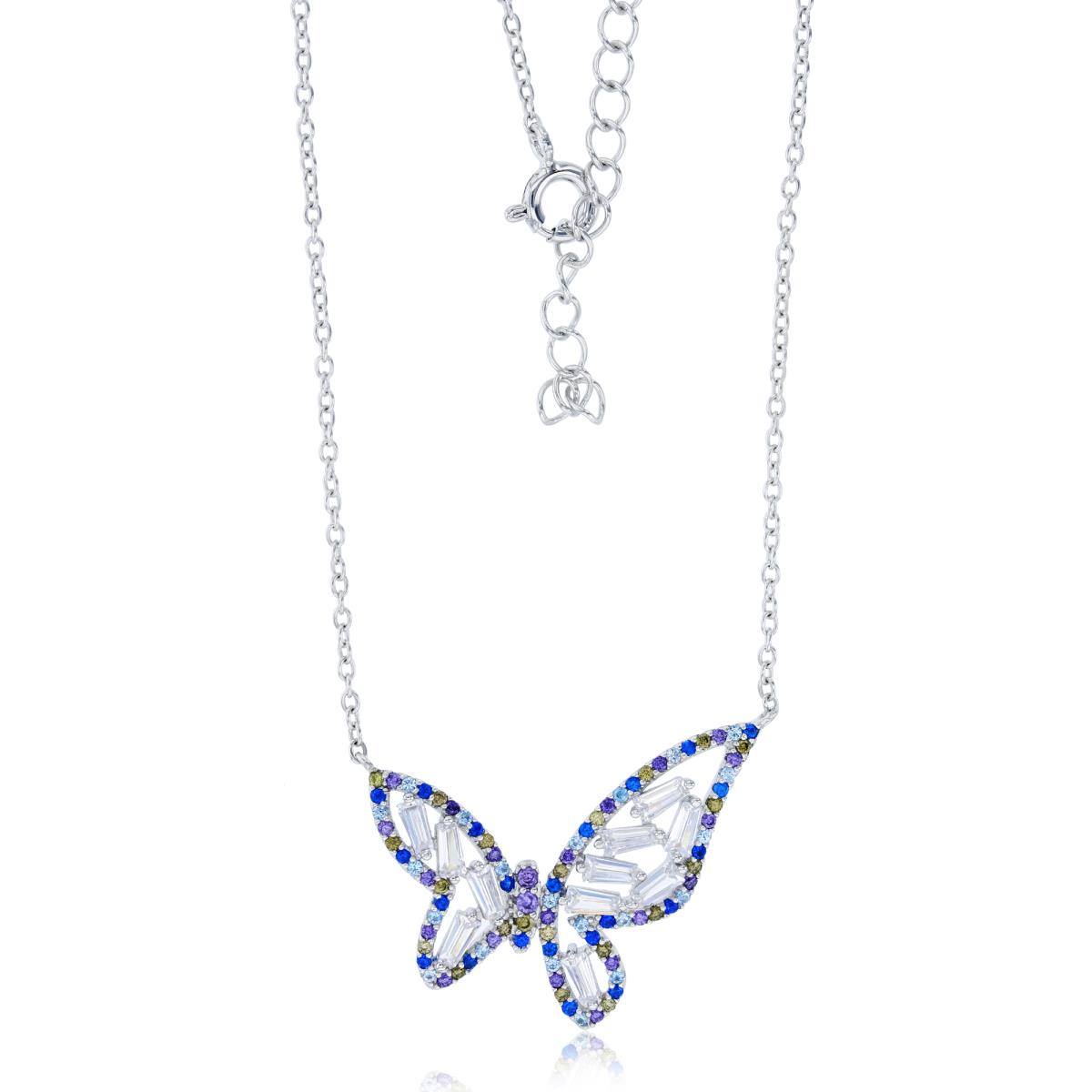 Sterling Silver Rhodium Micropave Multi-Color Rd Cut & Baguette CZ Butterfly 16"+2" Necklace