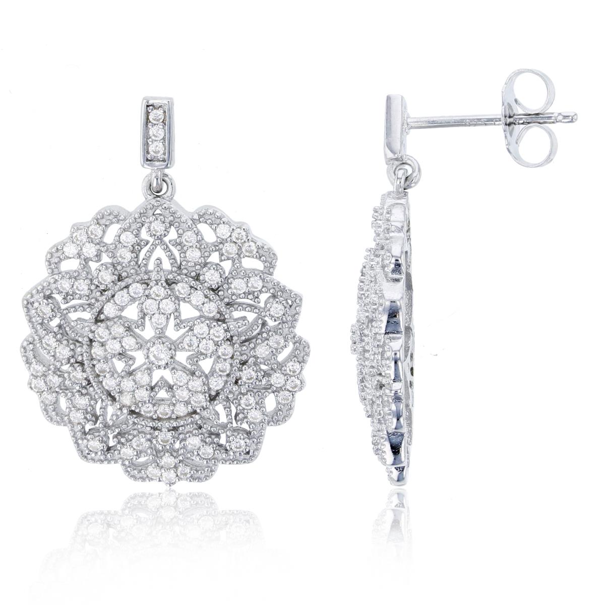 Sterling Silver Rhodium 27x20mm Micropave CZ & Milgrain Flower Dangling Earring