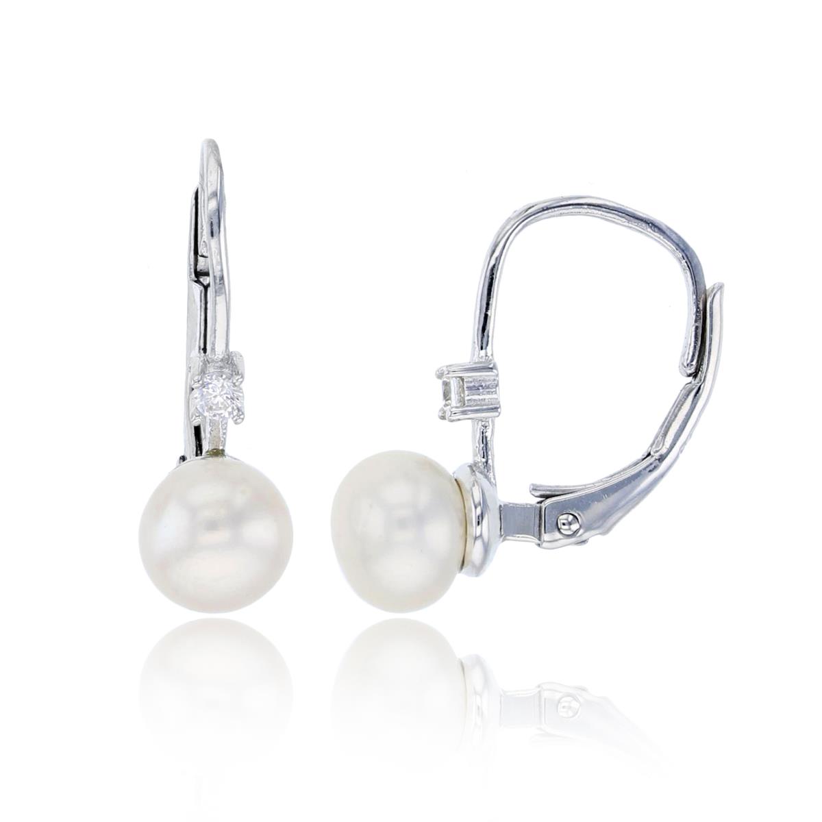 Sterling Silver Rhodium 6mm Simulated Pearl & Rd Cut CZ Leverback Earring