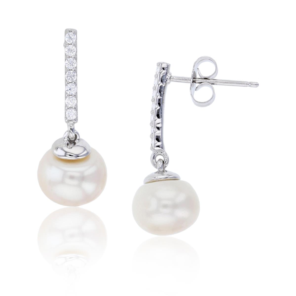 Sterling Silver Rhodium 9mm Freshwater Pearl & Micropave CZ Drop Earring