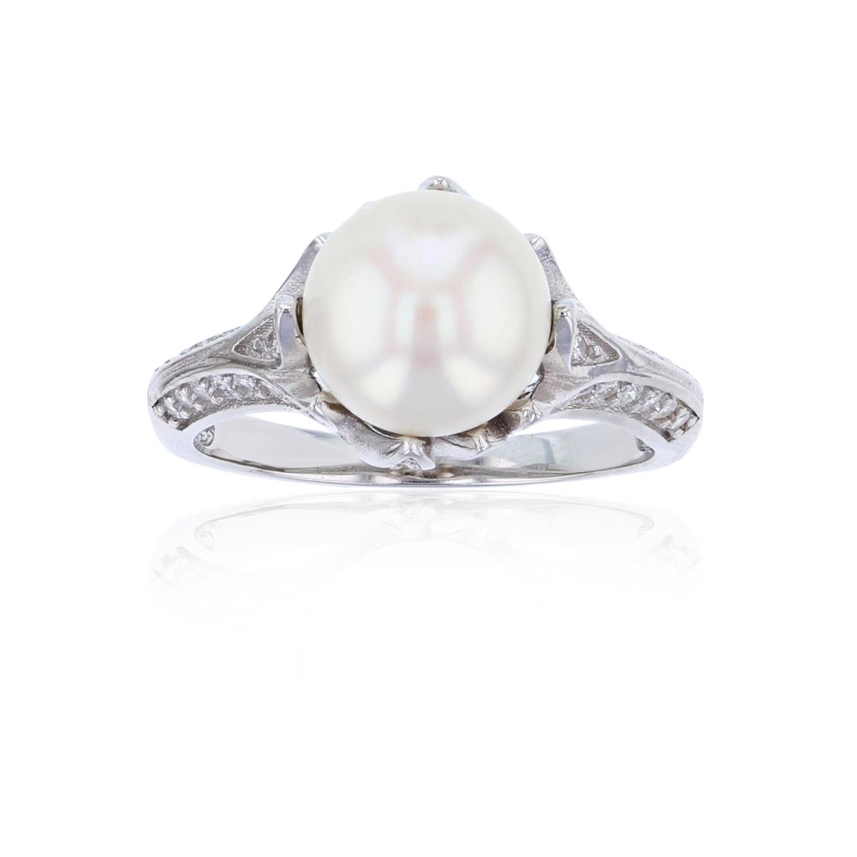 Sterling Silver Rhodium 9mm Freshwater Pearl with Micropave CZ Flame Setting Fashion Ring