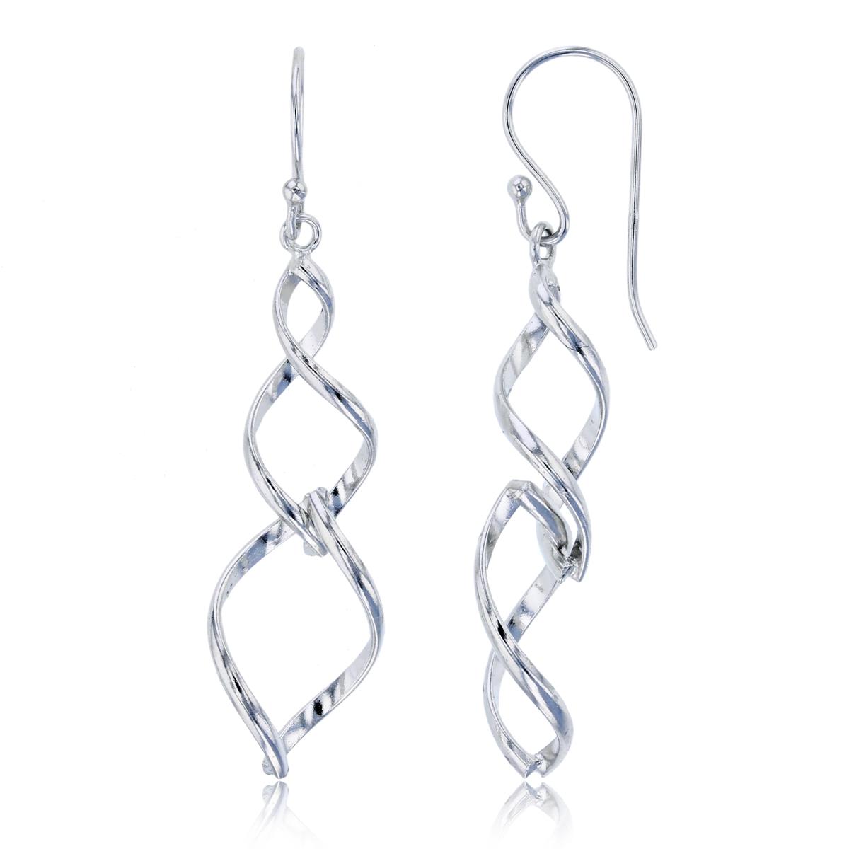 Sterling Silver Rhodium 49x12mm High Polished Double Twisted Dangling Fish-Hook Earring