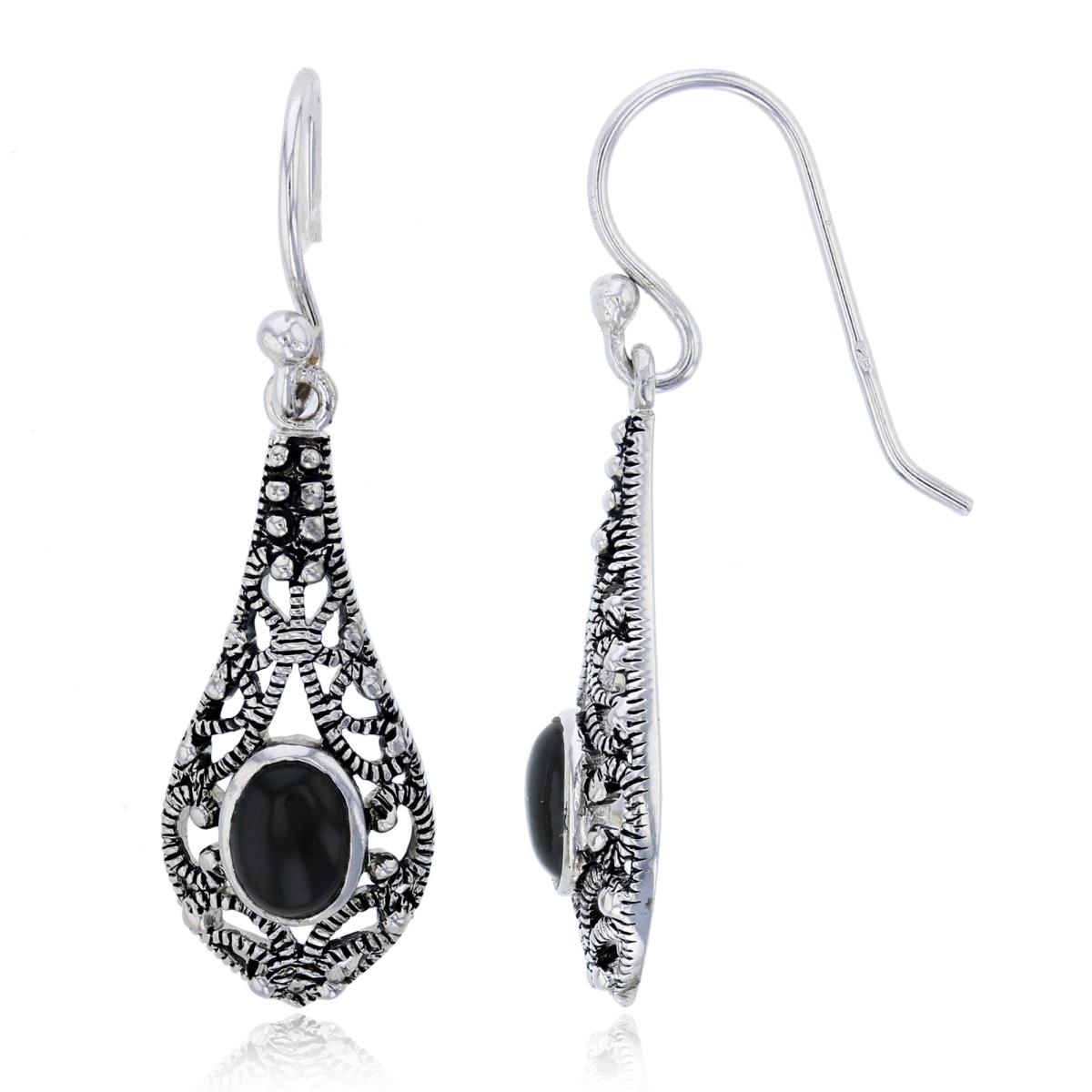 Sterling Silver Oxidized 6x4mm Oval Cut Black Onyx Filigree Teardrop Dangling Earring