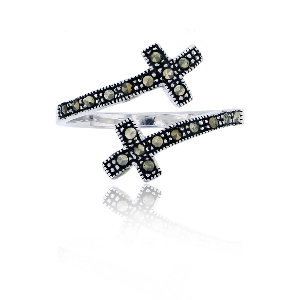 Sterling Silver Oxidized Round Cut Marcasite Cross Bypass Adjustable Ring