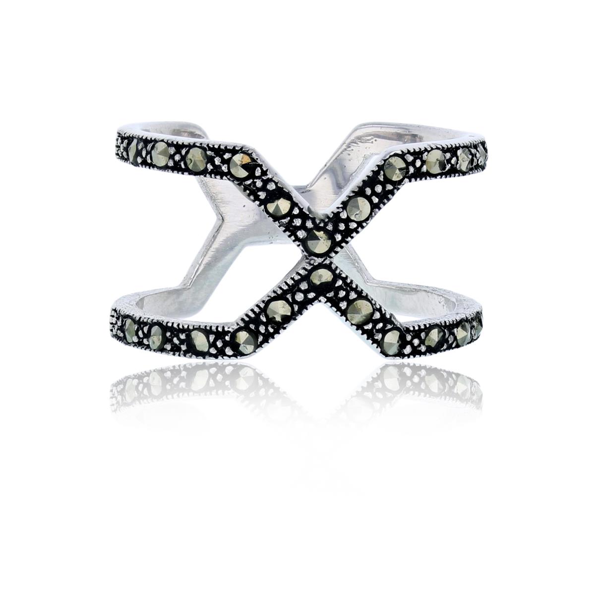 Sterling Silver Oxidized Pave Marcasite "X" Open Shank Fashion Ring