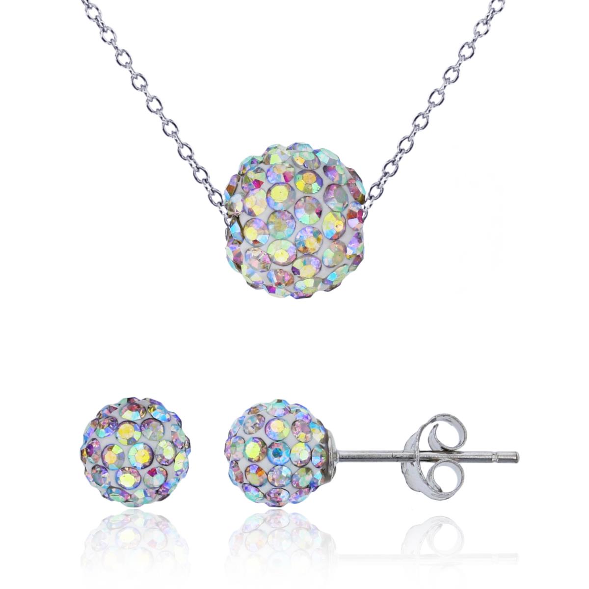 Sterling Silver Rhodium 6mm AB Crystal Fireball Bead Stud & 8mm 18" Ecoated Necklace Set