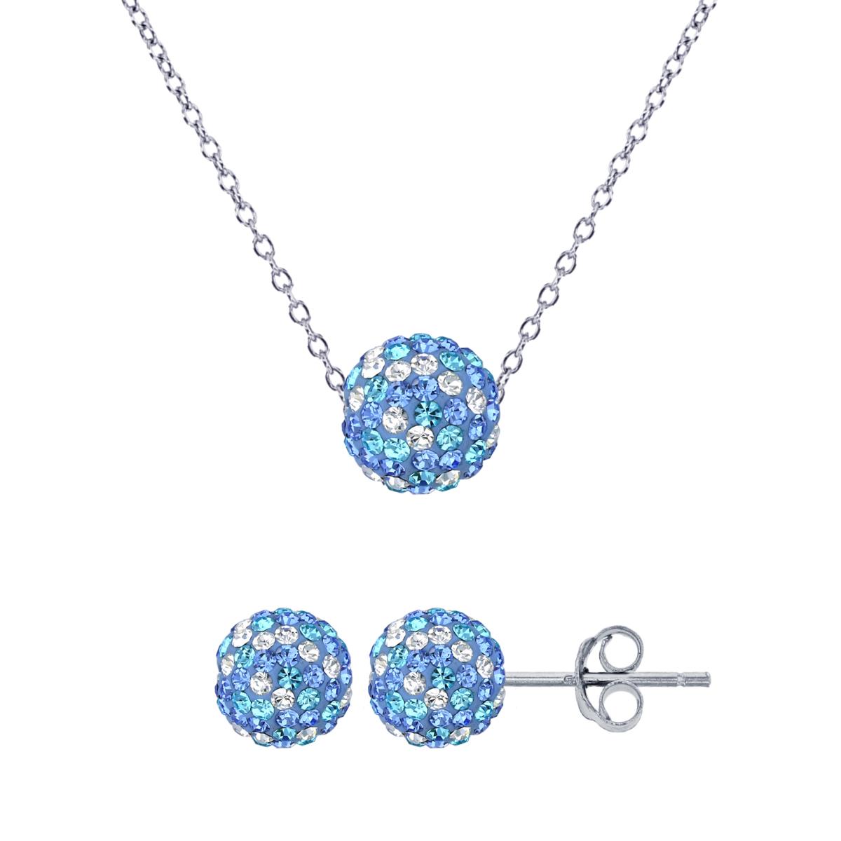 Sterling Silver Rhodium 6mm Aqua+Sapphire+White Crystal Fireball Bead Stud & 8mm 18" Ecoated Necklace Set