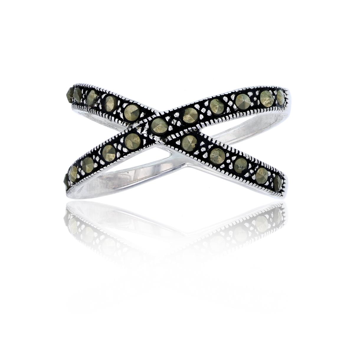 Sterling Silver Oxidized Pave Marcasite Criss-Cross Fashion Ring