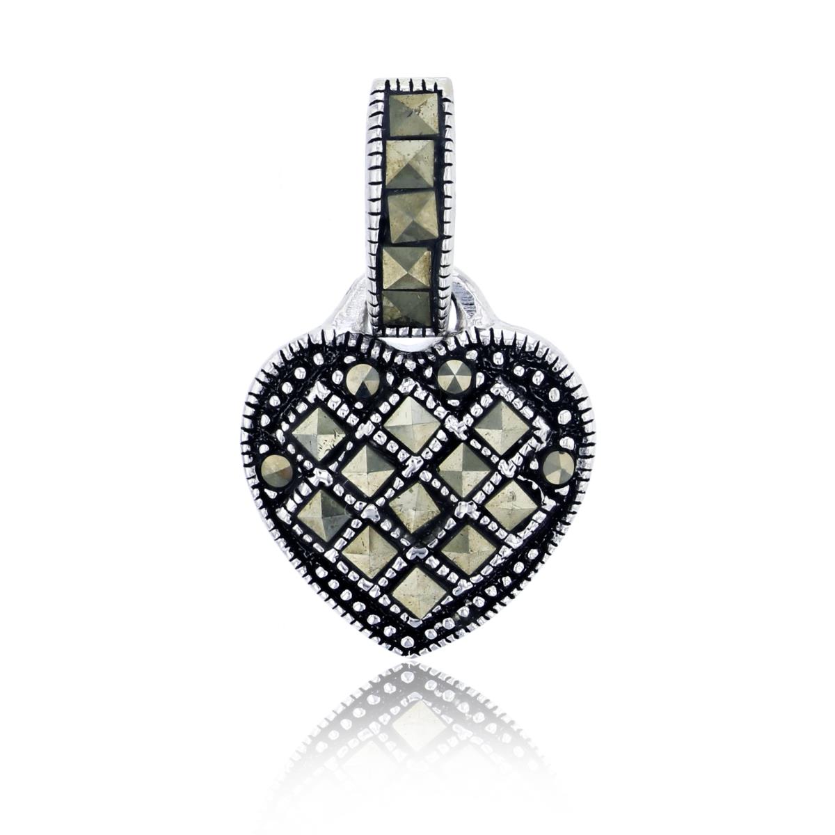 Sterling Silver Oxidized 24x14mm Rd & Square Cut Marcasite Heart Pendant
