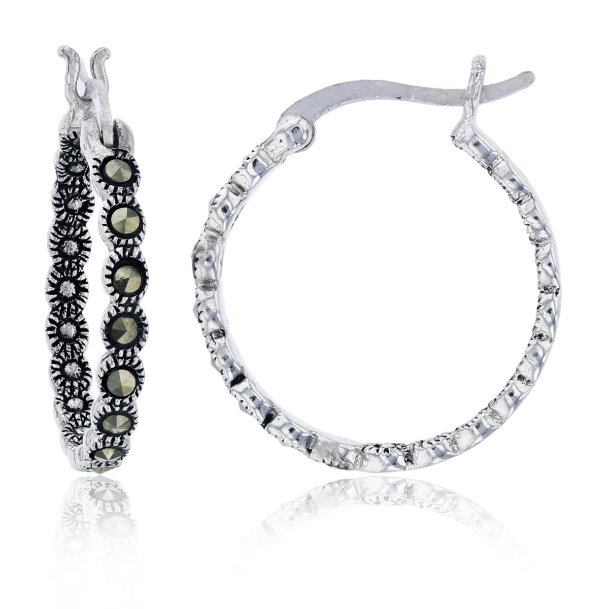 Sterling Silver Oxidized 20x3mm Round Cut Marcasite Milgrain Clusters Hoop Earring