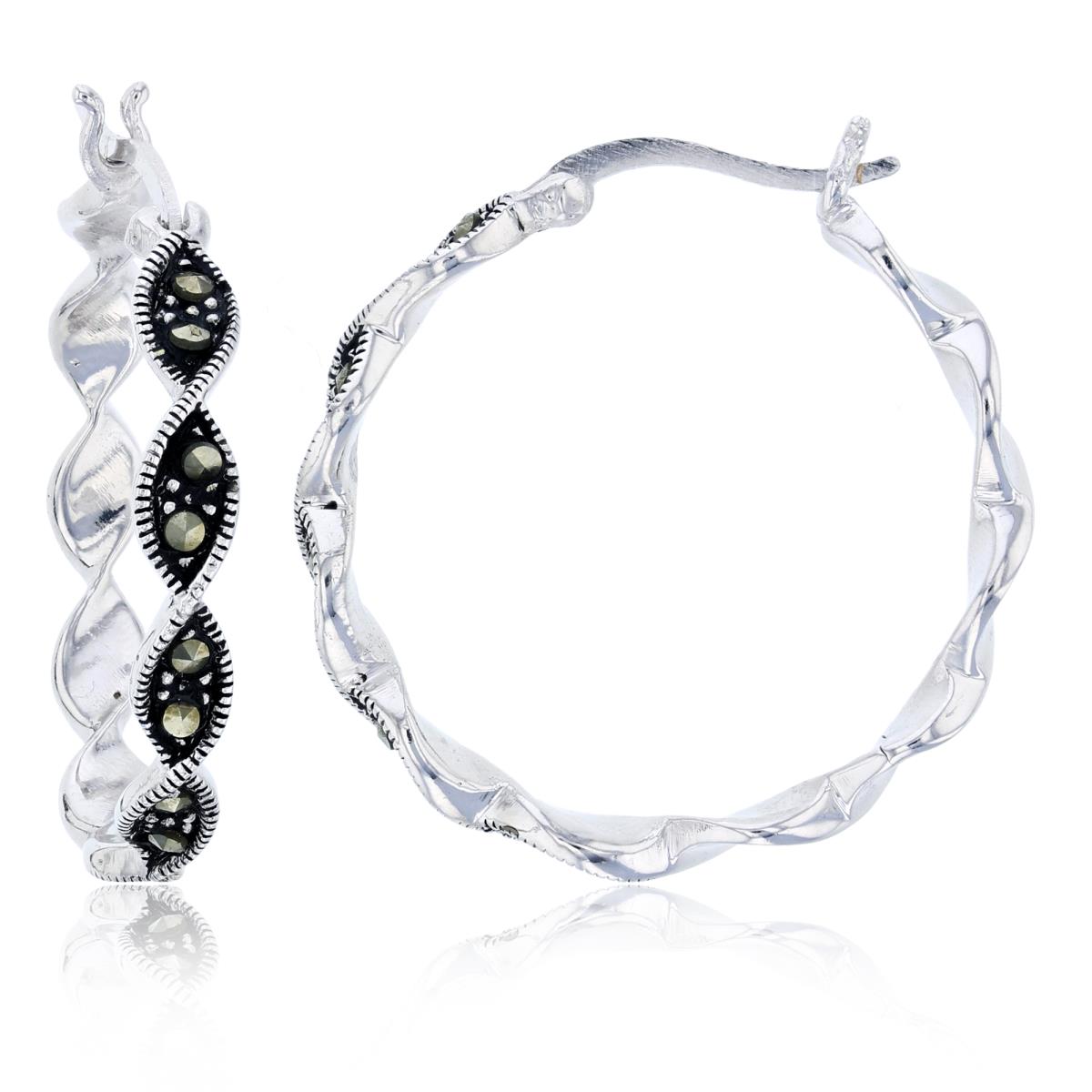 Sterling Silver Oxidized 30x4mm Rd Cut Marcasite Milgrain Twisted Hoop Earring