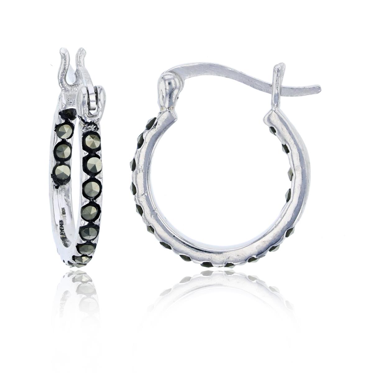 Sterling Silver Oxidized 19x2mm Pave Round Cut Marcasite Hoop Earring