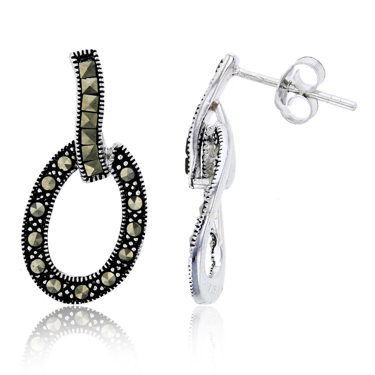 Sterling Silver Oxidized 26x12mm Micropave Rd & Square Cut Marcasite Milgrain Open Oval Shape Dangling Earring