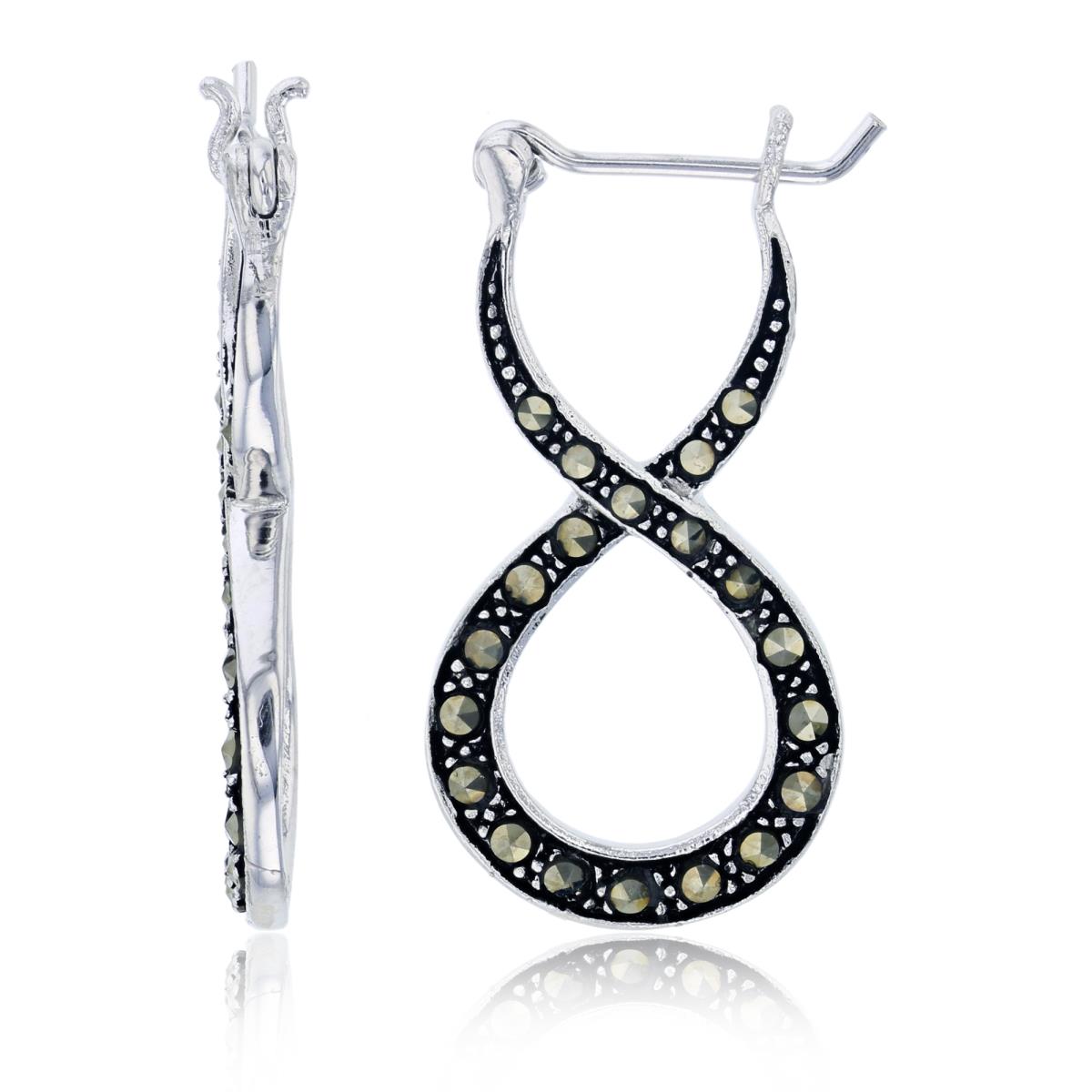 Sterling Silver Oxidized 30x16mm Pave Rd Cut Marcasite Infinity Hoop Earring