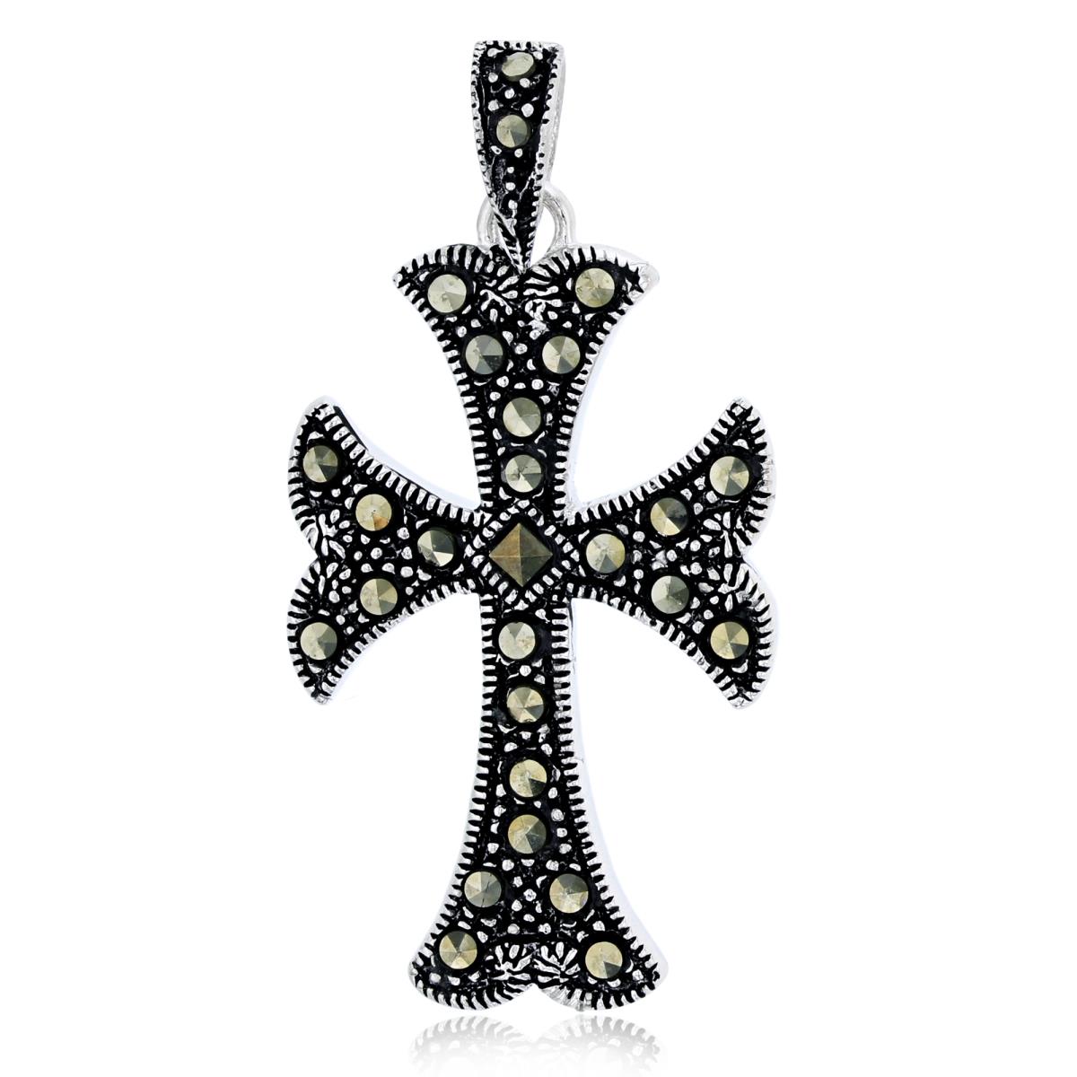 Sterling Silver Oxidized 39x19mm Paved Round & Square Cut Marcasite Milgrain Cross Pendant
