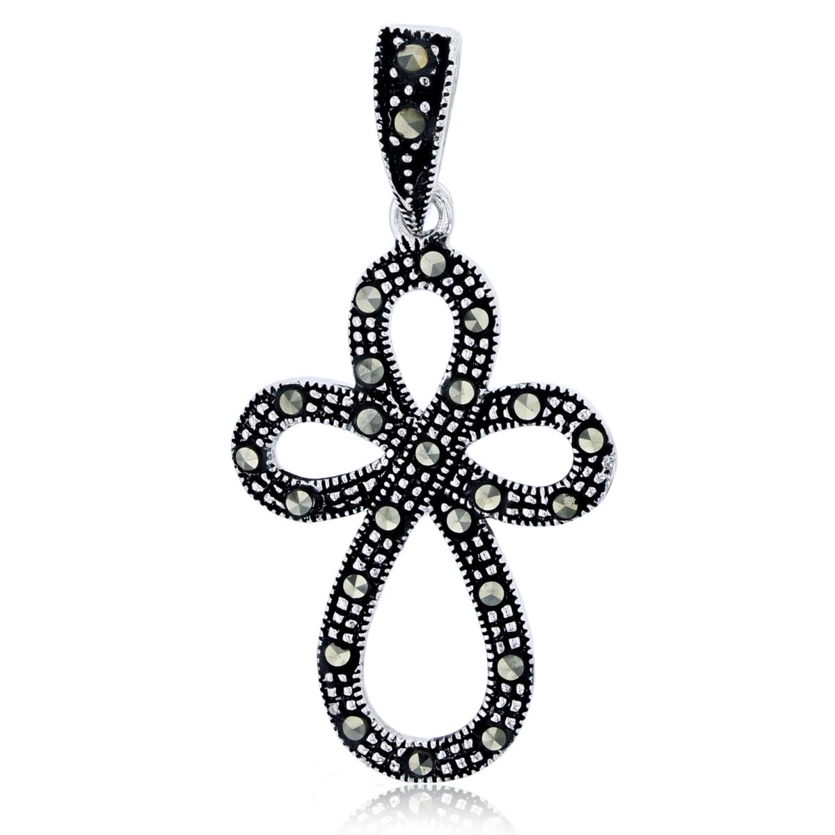 Sterling Silver Oxidized 32x16mm Micropave Round Cut Marcasite Rounded Open Cross Pendant