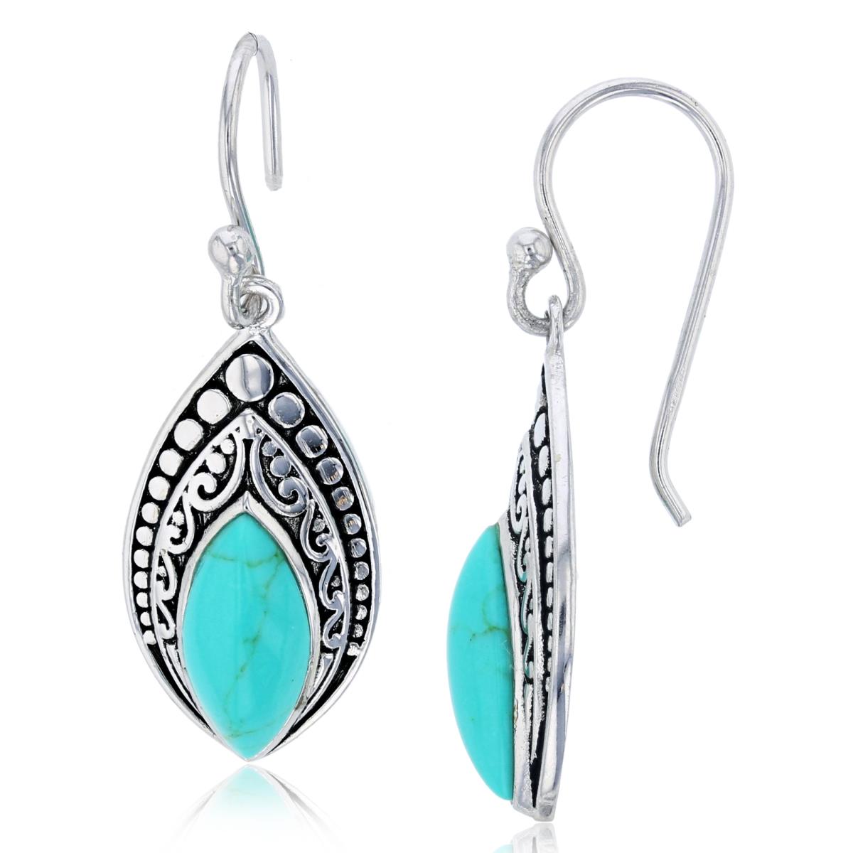 Sterling Silver Oxidized 12x5mm Marquise Cut Turquoise Textured Leaf Dangling Fish-Hook Earring