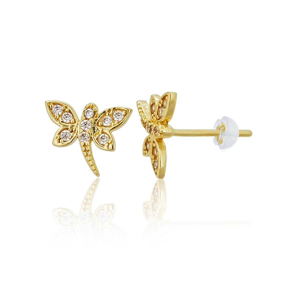 14K Yellow Gold Micropave CZ Dragonfly Stud Earring with Silicone Back