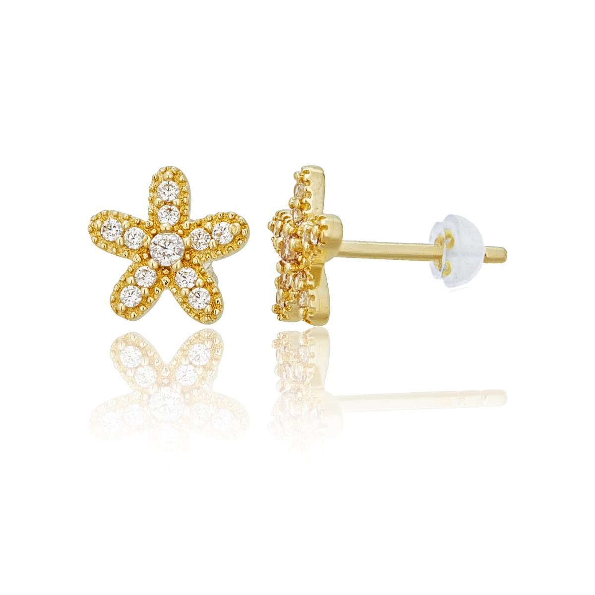 14K Yellow Gold Micropave CZ Daisy Stud Earring with Silicone Back