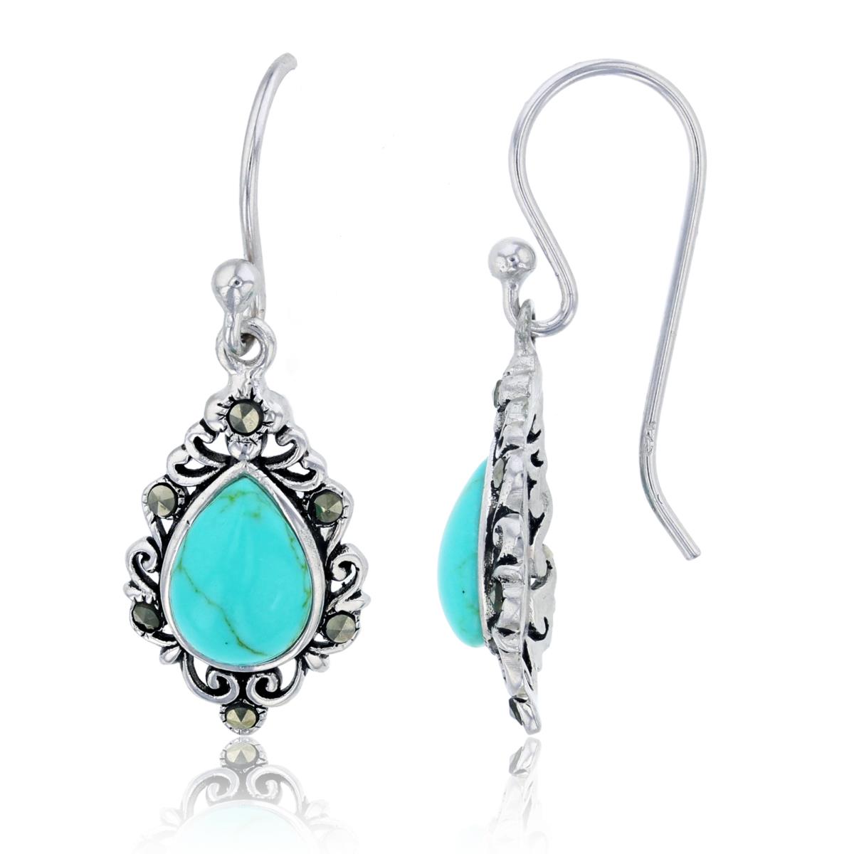 Sterling Silver Oxidized 8x6mm Pear Cut Turquoise & Round Cut Marcasite Filigree Dangling Fish-Hook Earring