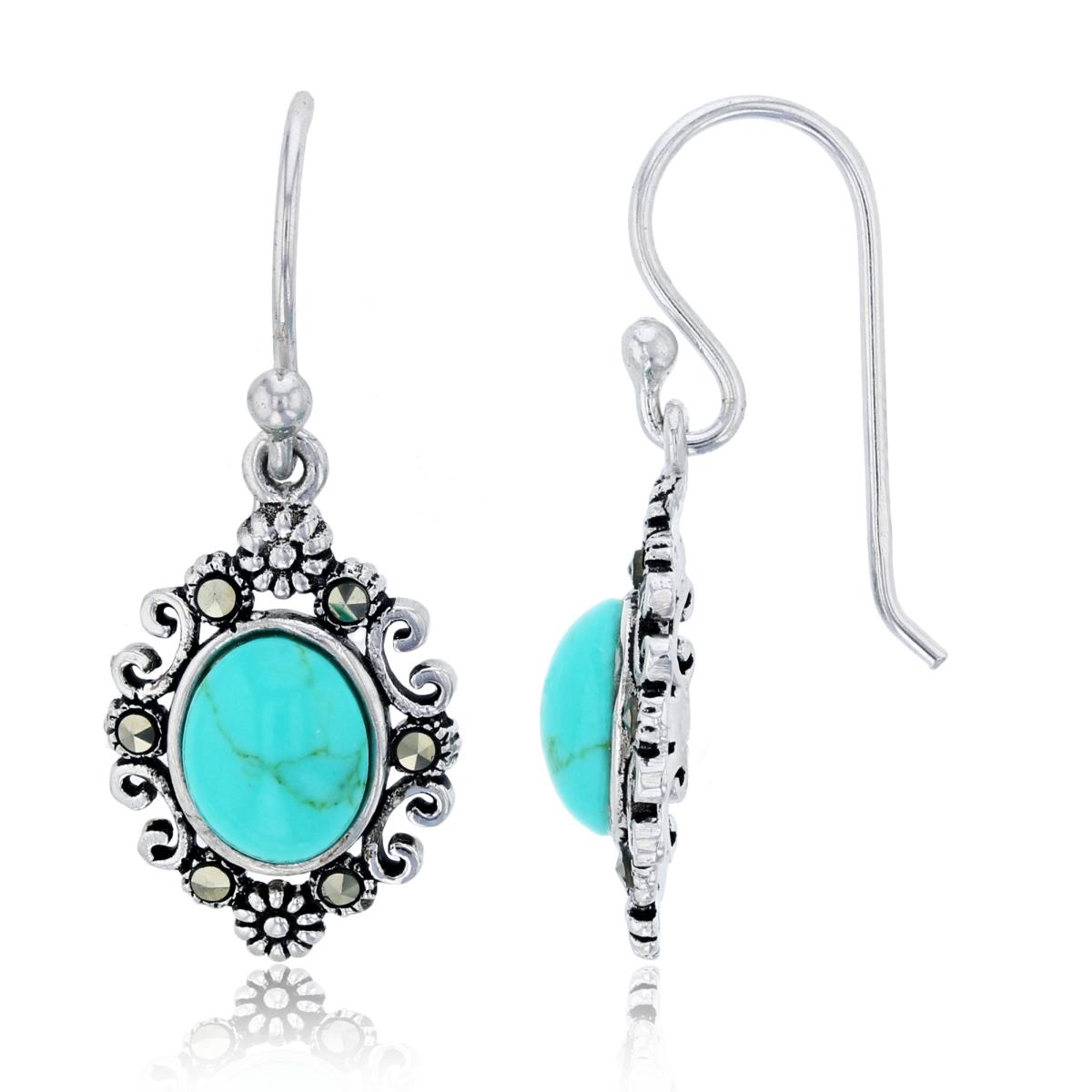 Sterling Silver Oxidized 7.5x5.5mm Oval Cut Turquoise & Rd Cut Marcasite Filigree Frame Dangling Earring