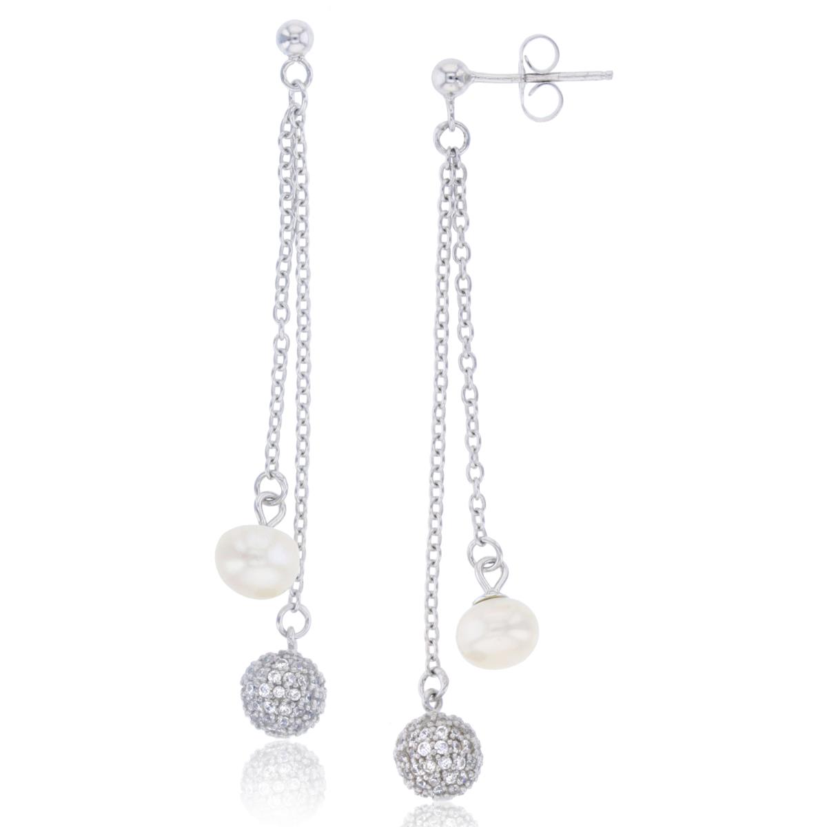 Sterling Silver Rhodium 7mm Freshwater Pearl & Micropave CZ Ball Dangling Earring