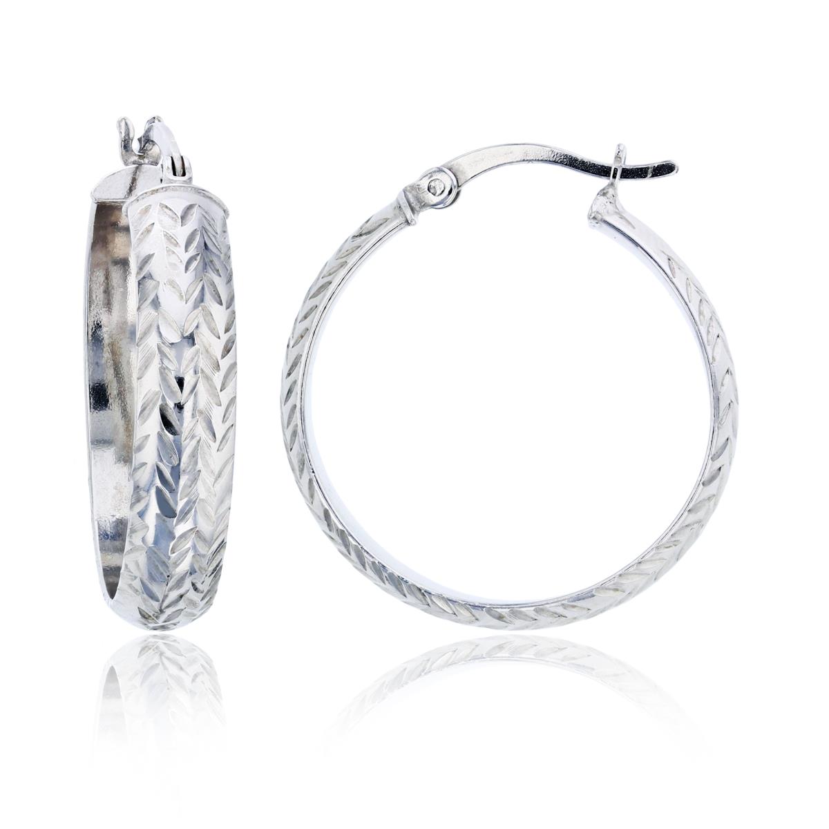 Sterling Silver Rhodium 25x5mm Full Leaf Diamond Cut Hoop Earring