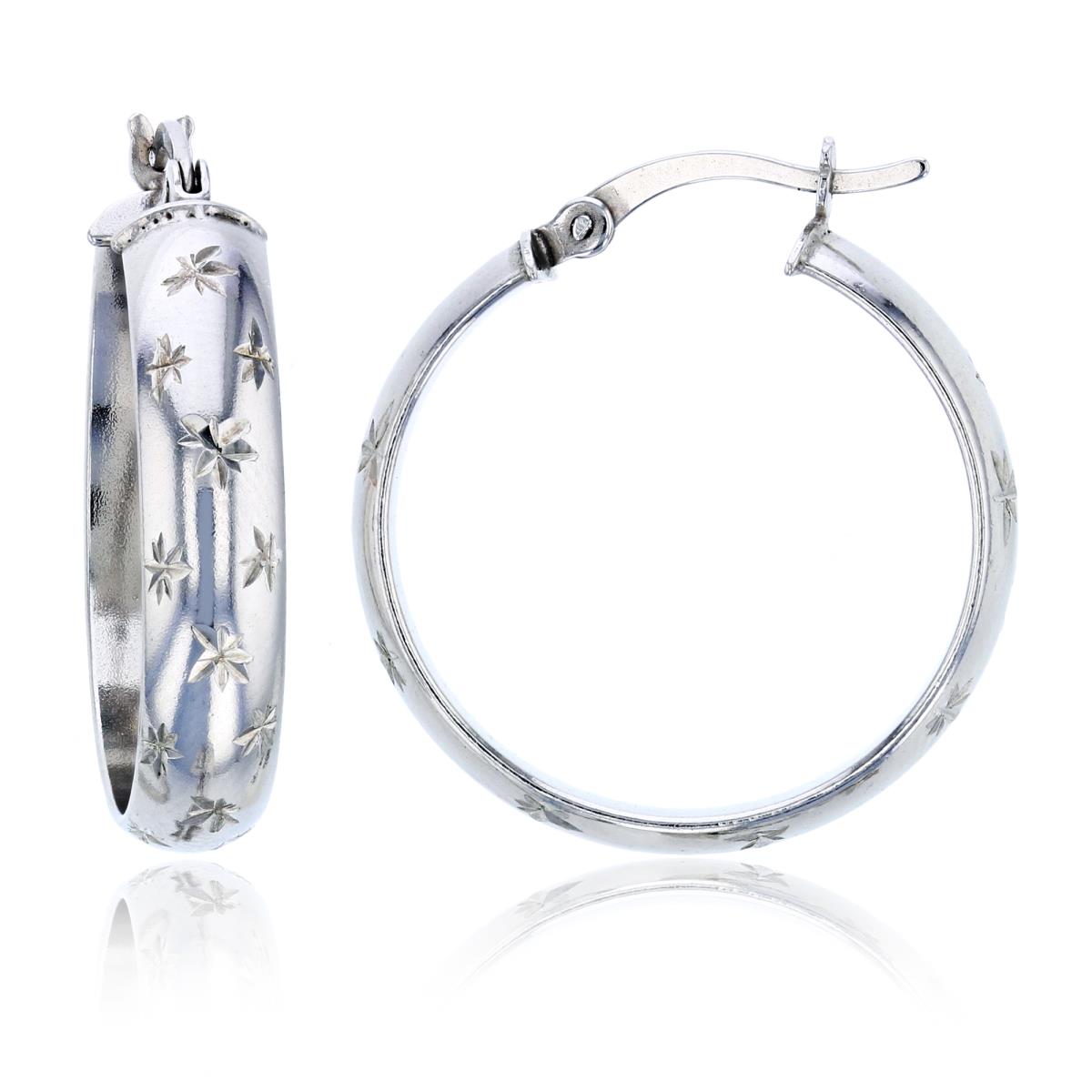 Sterling Silver Rhodium 25x5mm Star Diamond Cut Hoop Earring