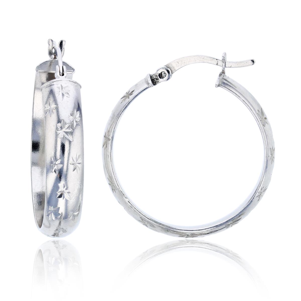 Sterling Silver Rhodium 25x5mm Star Diamond Cut Hoop Earring